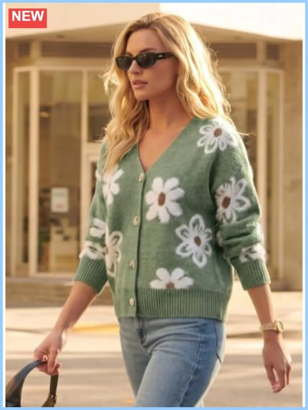Women's Fuzzy Open Front Knit Cardigan Floral Button Detail Sweater